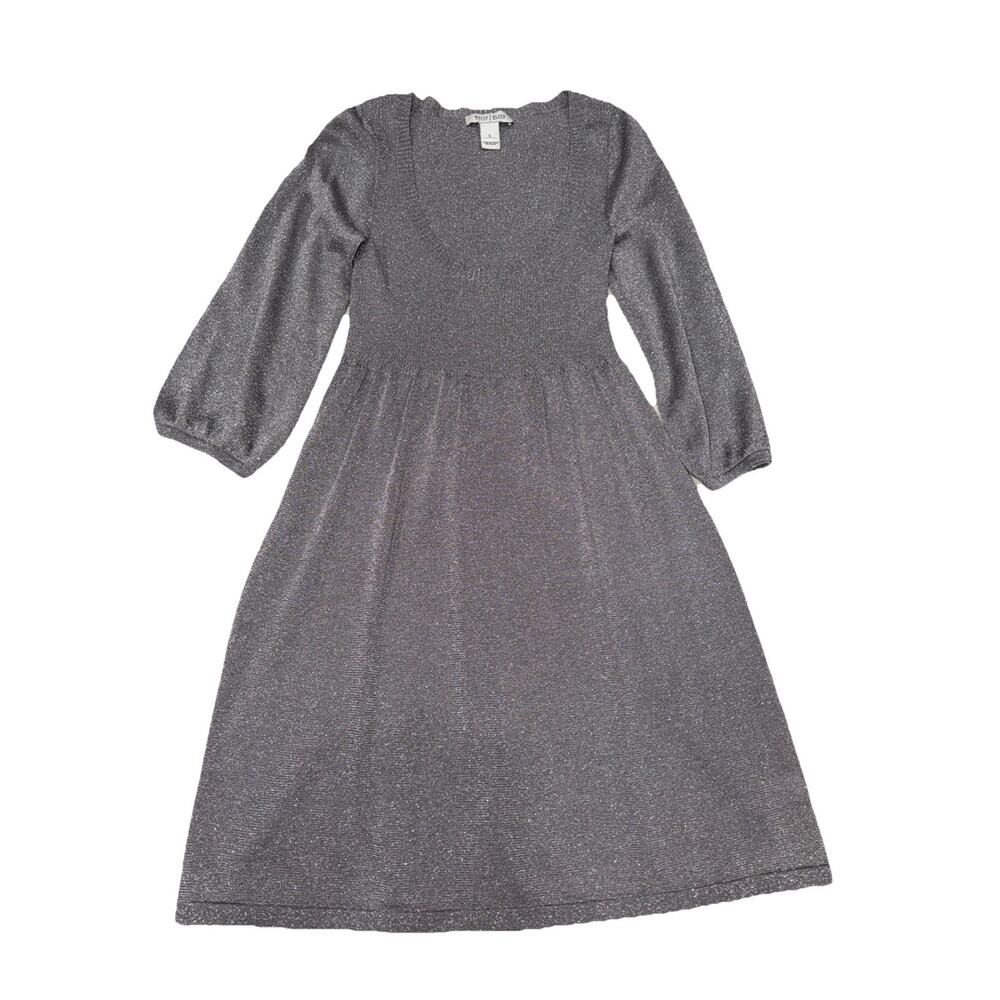 White House Black Market Silver Metallic Knit Dress 3/4 Sleeve Large
